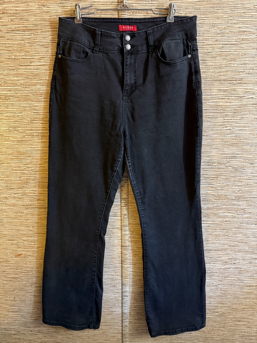 Guess Flare Jeans Women’s Size 32 Black Faded Super Stretch Wide Leg